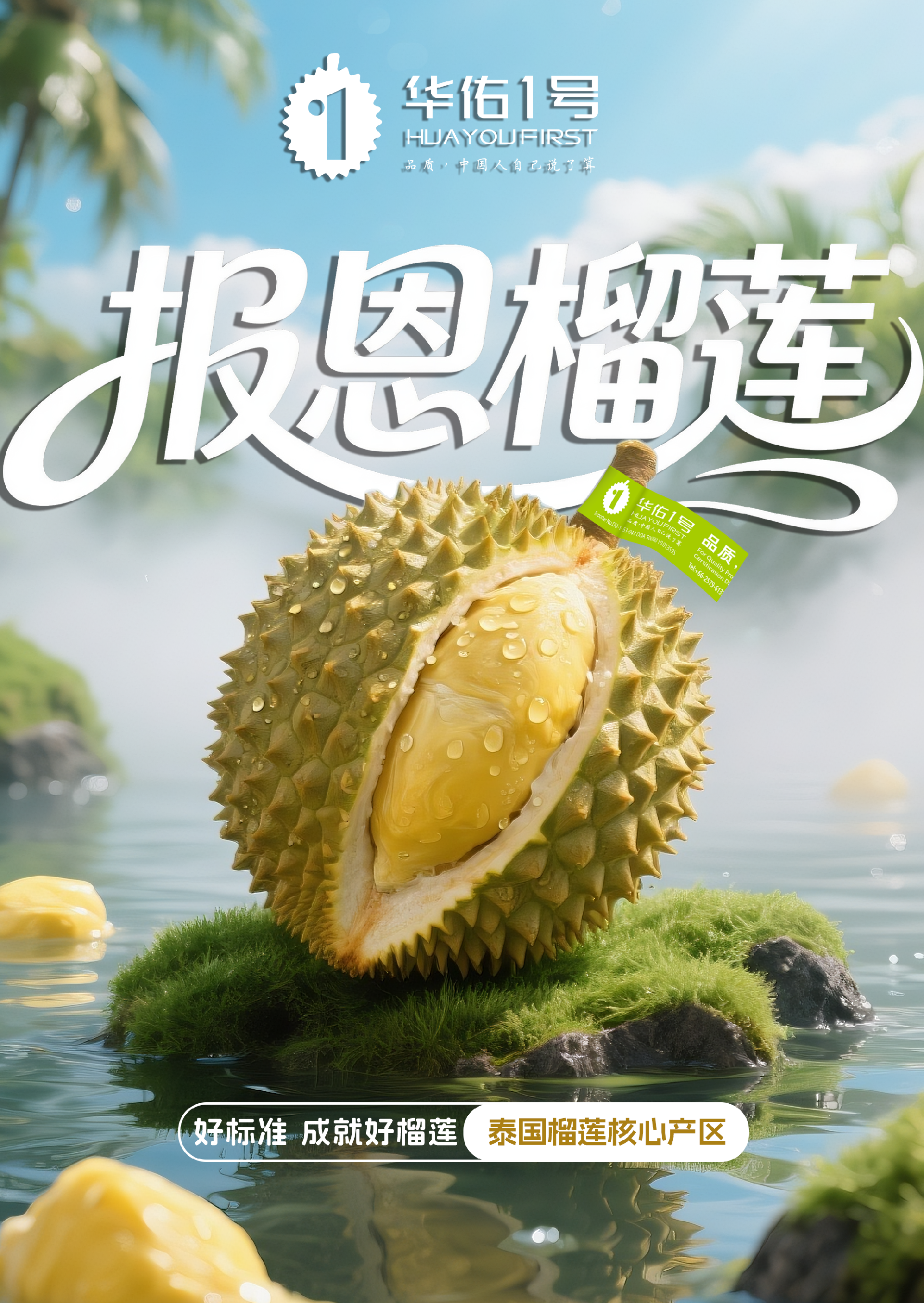 jimeng-2025-07-17-4456-主题场景：榴莲产品摄影--特征描述：一个榴莲，上面沾满水珠，。画面中有漂浮的金黄....png